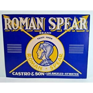 Roman Spear Fruit Crate Label Man In Suit Of Armor Original Vintage 1940's